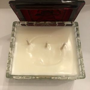 Antique glass trinket box with beautiful deep red top repurposed into a candle.